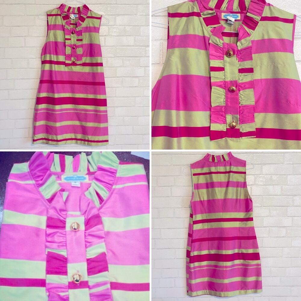 Devon Baer NY Silk Pink Green Striped Ruffle Neck Dress Preppy sz MED